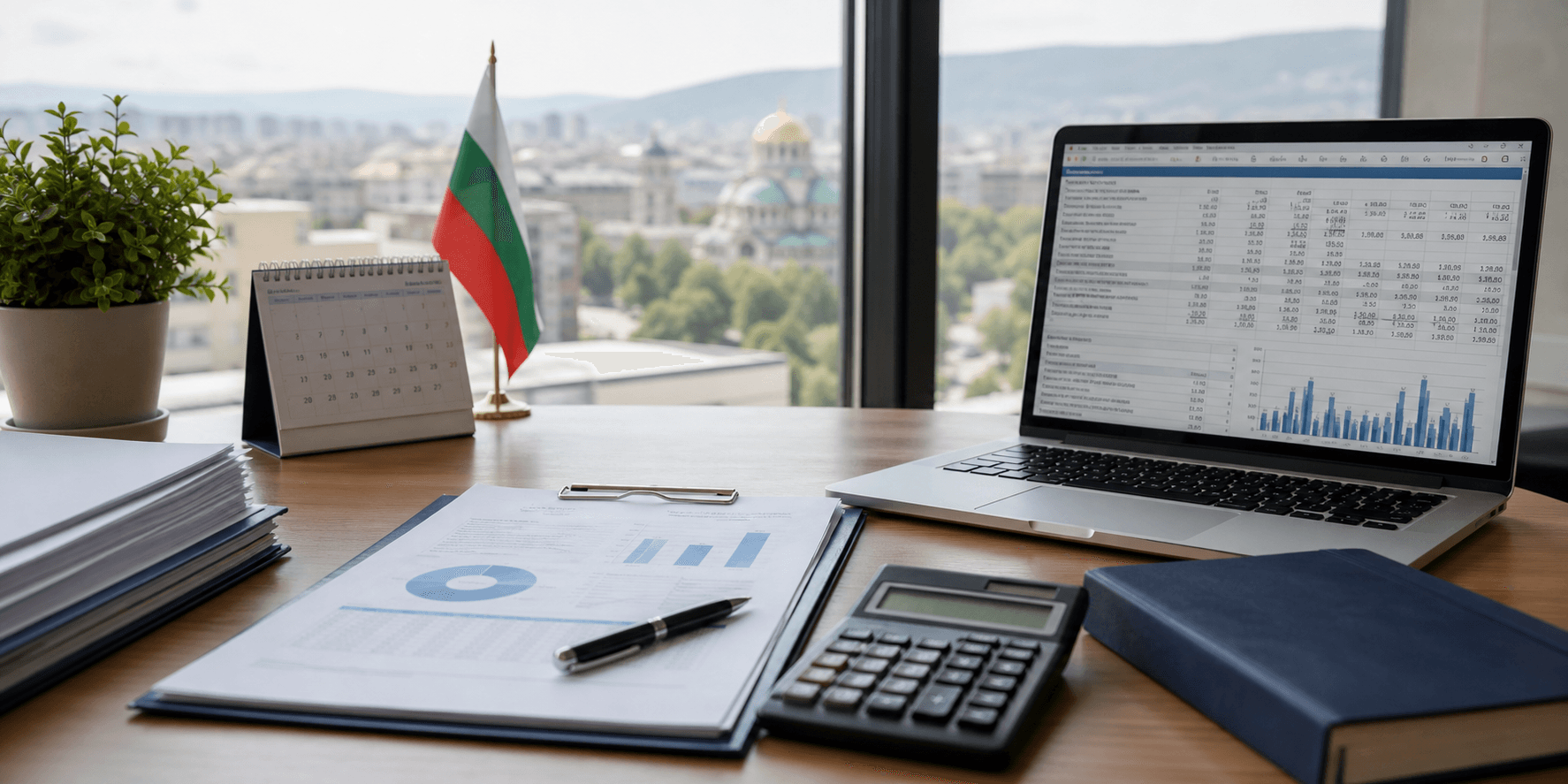 Счетоводно работно място с документи и изглед към София
